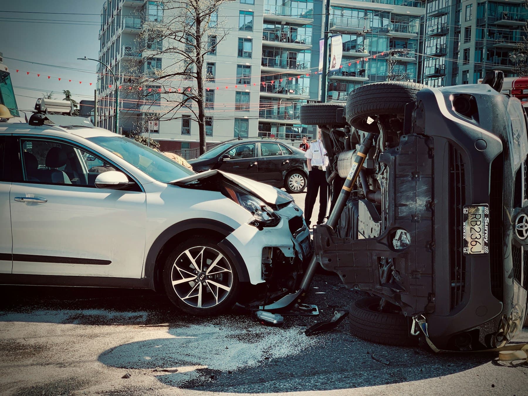 Two cars after a collision on a city street